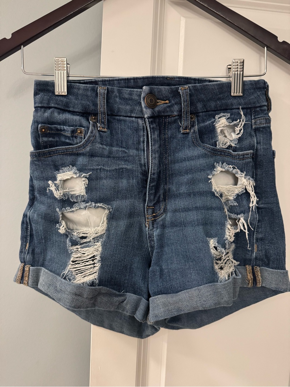 Aeropostale High Waist Curvy Midi Blue Jean Denim Shorts Size 6